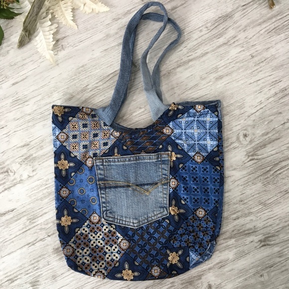 Boho Hippie Patchwork Denim Blue Jean Hand Bag Handmade Print Fabric - Picture 8 of 9
